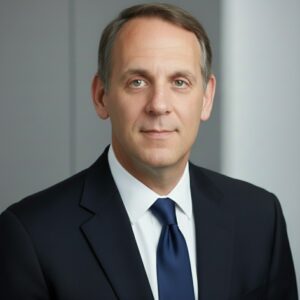 Jason Paluck, who has short grey hair and is wearing a black suit, a white dress shirt, and a blue tie.