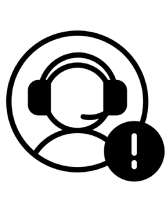 Outline logo of a person with a phone headset on and an exclamation point symbol in the corner of the logo